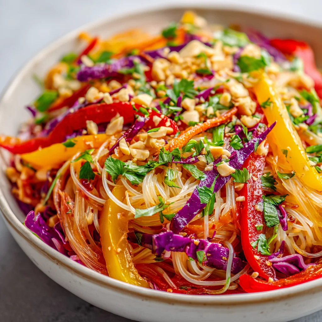 Colorful veggie noodle salad with sriracha dressing.