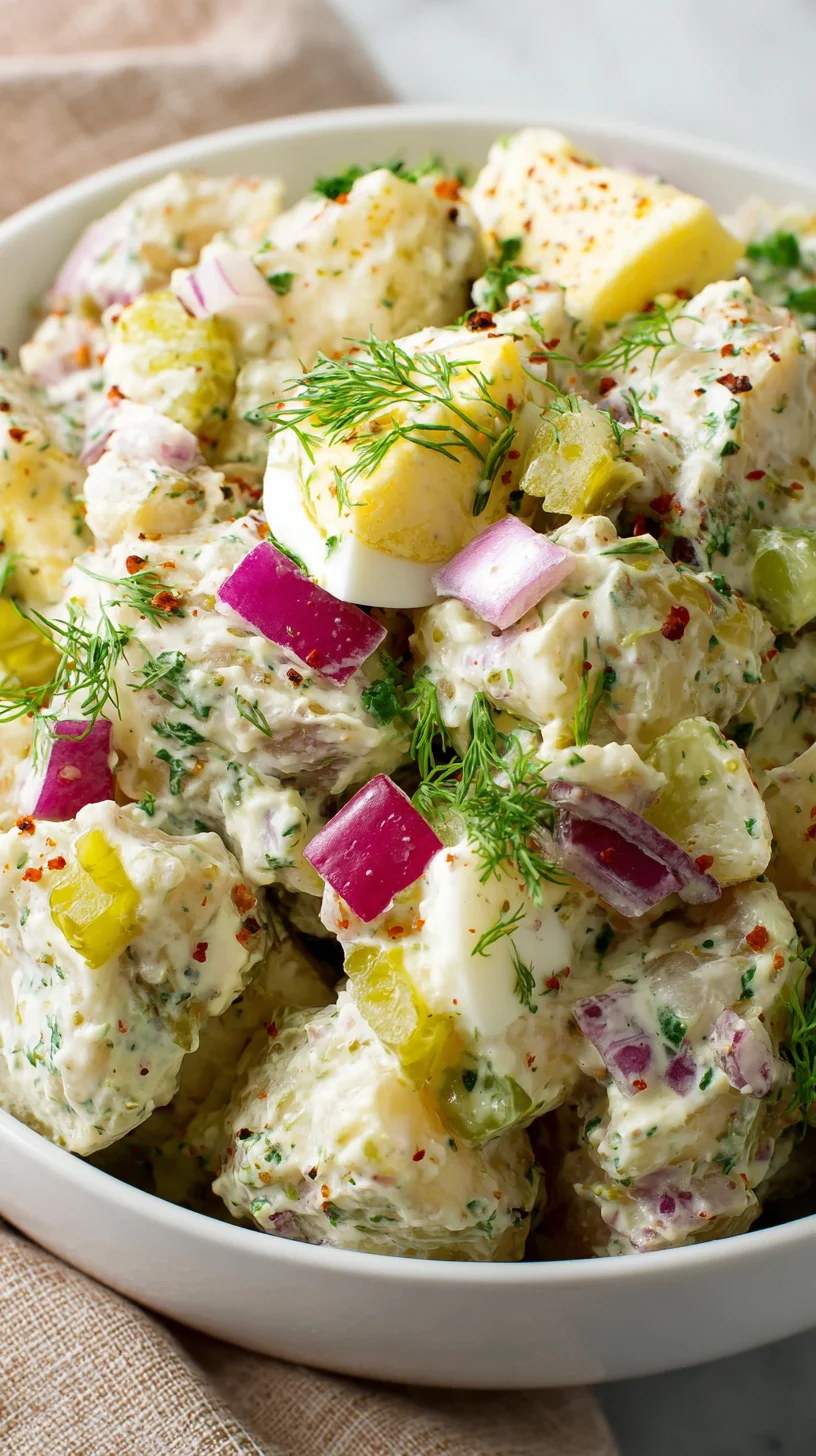 Creamy steakhouse potato salad with crispy bacon bits.