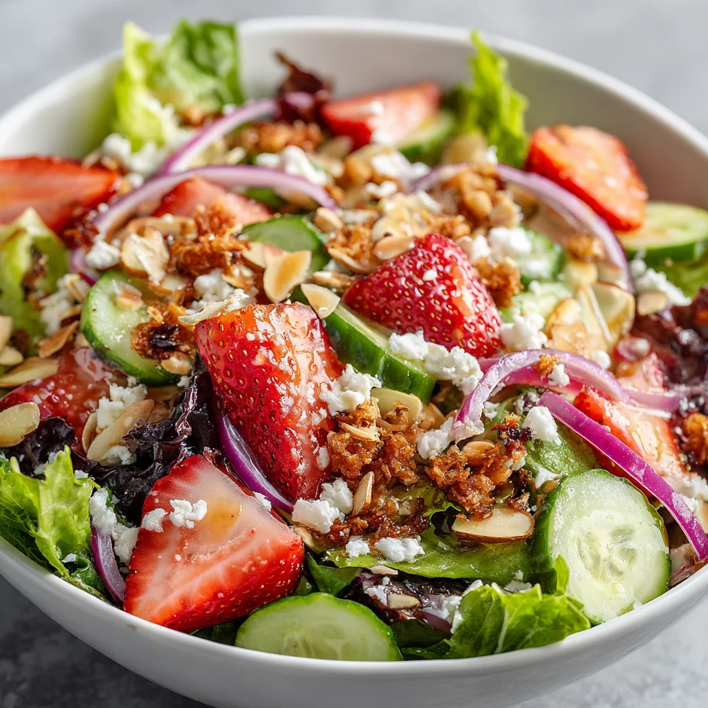 Strawberry crunch salad drizzled with champagne vinaigrette.