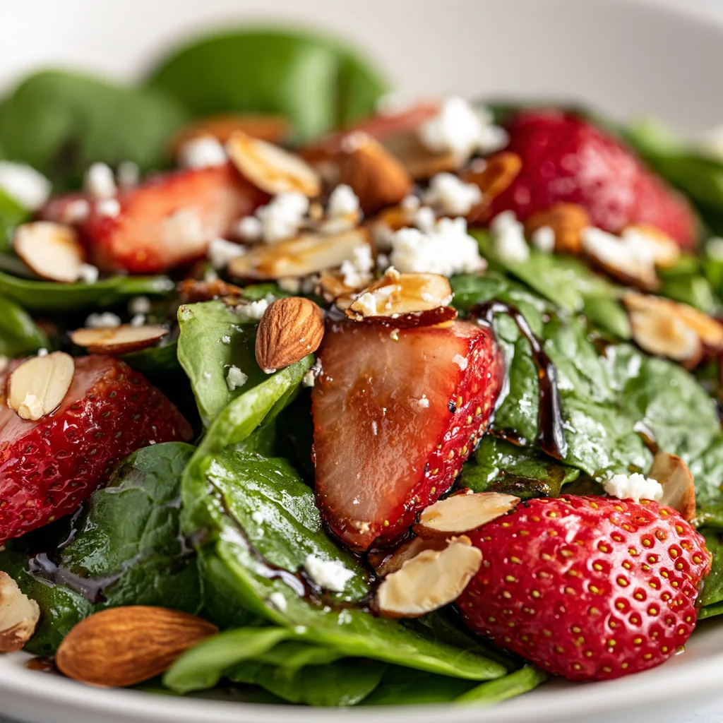Strawberry spinach salad with almonds and balsamic dressing.