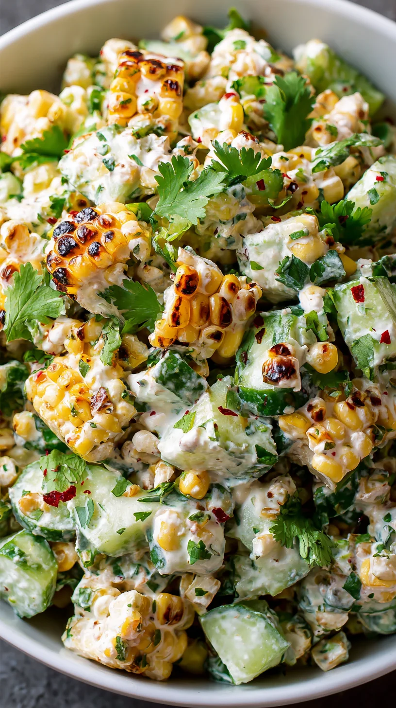 Street corn and cucumber salad with creamy dressing.
