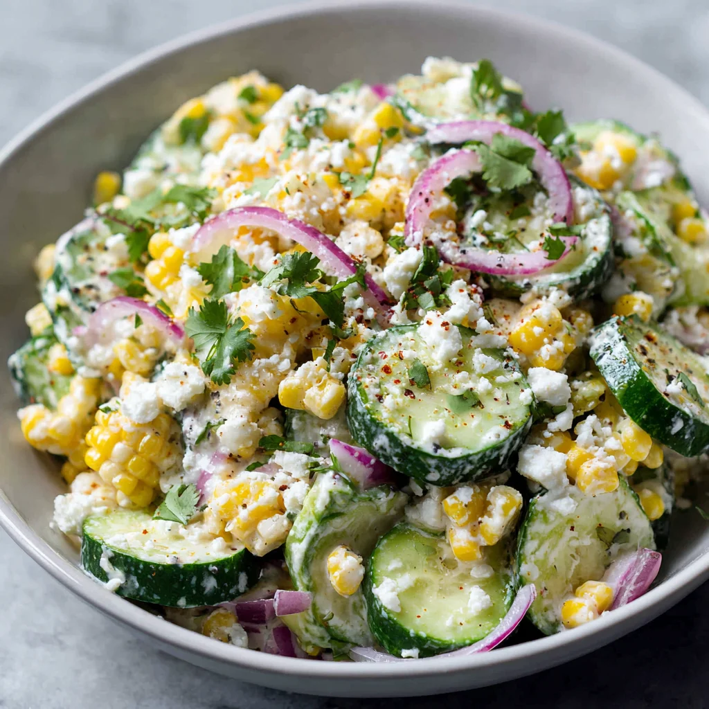Close-up of vibrant, colorful street corn cucumber salad. Close-up of vibrant, colorful street corn cucumber salad.