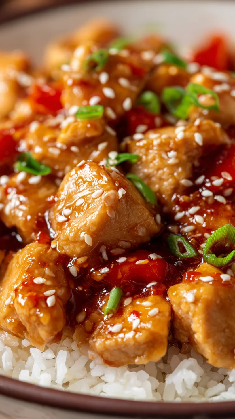 Close-up of glistening sweet chili chicken pieces. Close-up of glistening sweet chili chicken pieces.