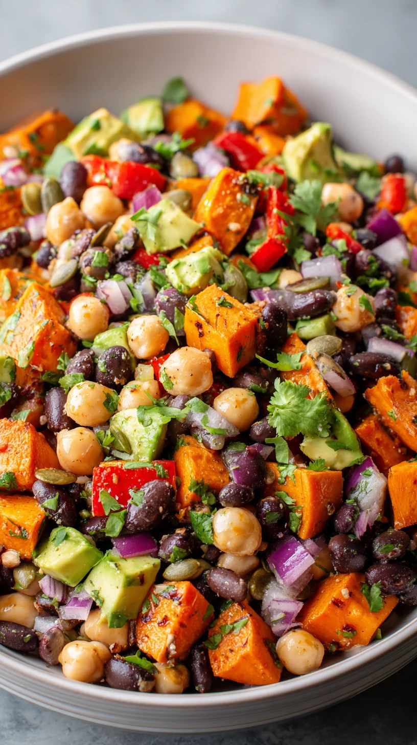 Colorful sweet potato, black bean, and chickpea salad.