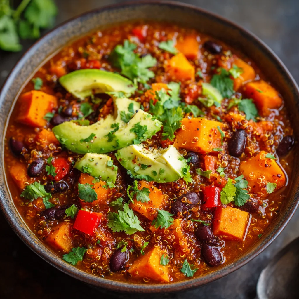Hearty sweet potato and quinoa chili in a bowl. Hearty sweet potato and quinoa chili in a bowl.