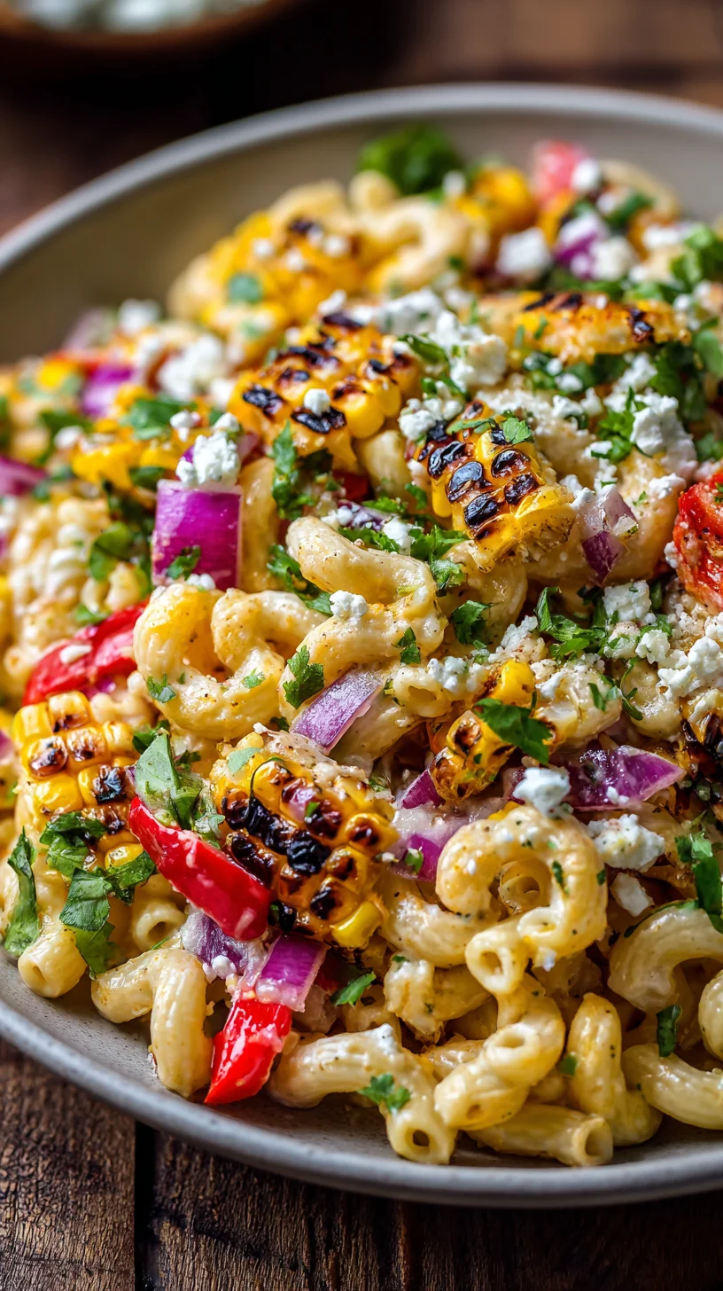 Mexican street corn pasta salad close-up.