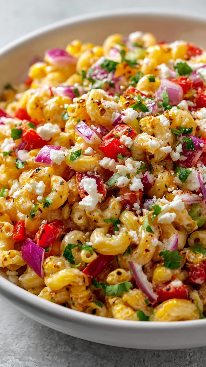 Elote pasta salad with colorful toppings.