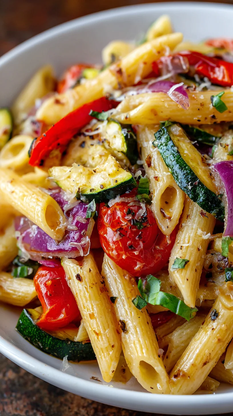 Roasted vegetables with pasta in a bowl.