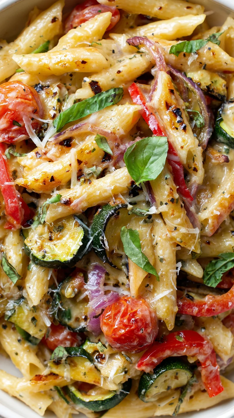 Colorful roasted vegetable pasta dish. Colorful roasted vegetable pasta dish.