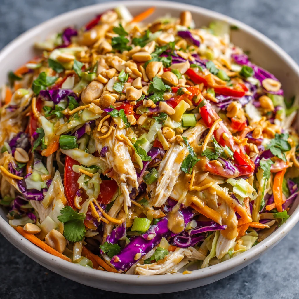 Colorful Thai peanut chicken slaw salad close-up.