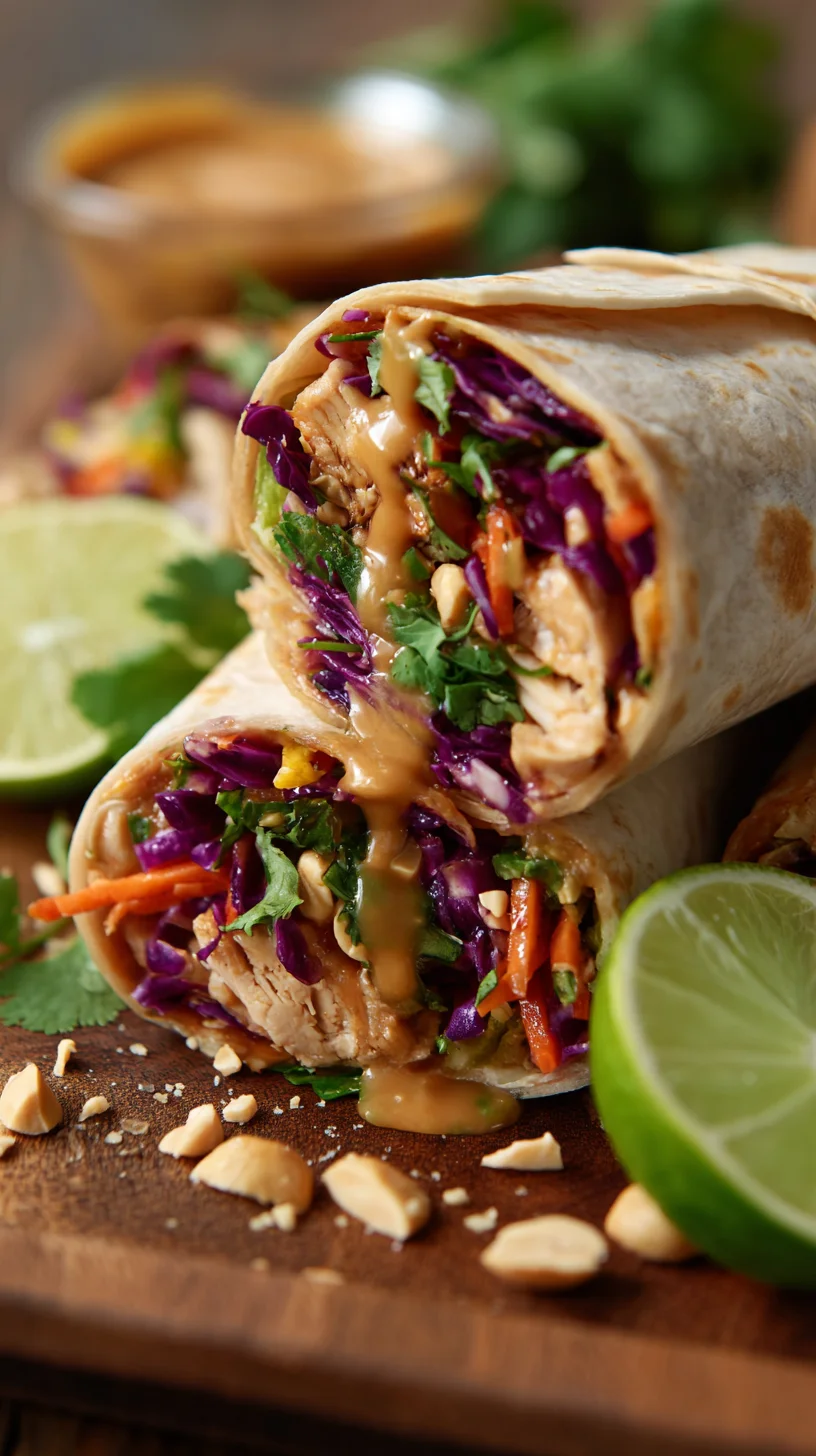 Thai peanut chicken wraps, close-up view.