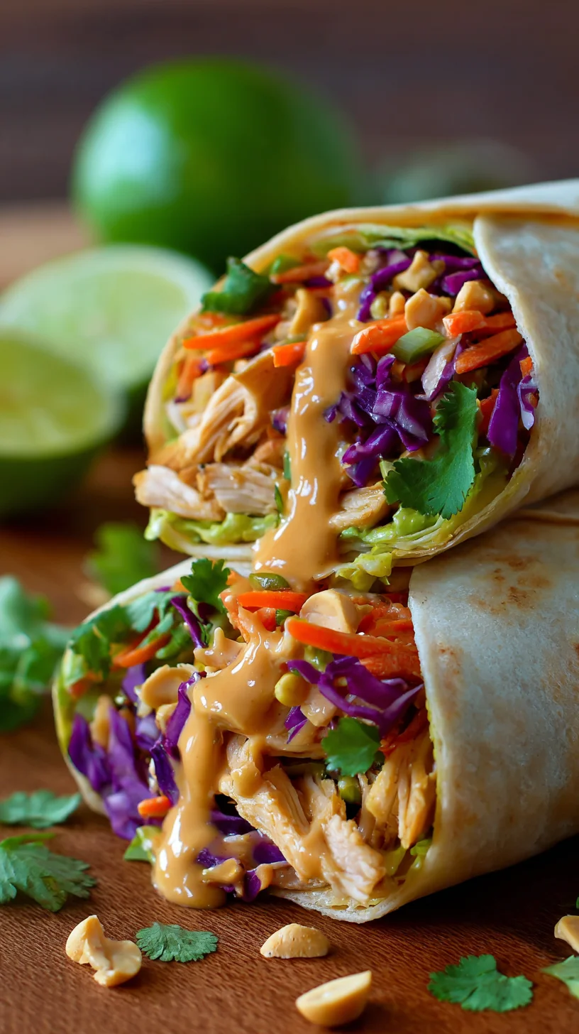Chicken wraps with vibrant peanut sauce and toppings. Chicken wraps with vibrant peanut sauce and toppings.
