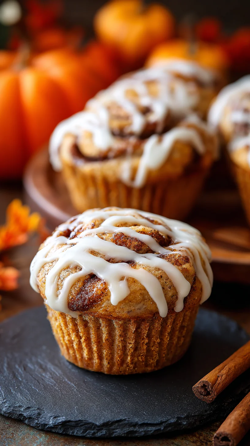 Pumpkin cinnamon roll muffins, warm and golden brown.