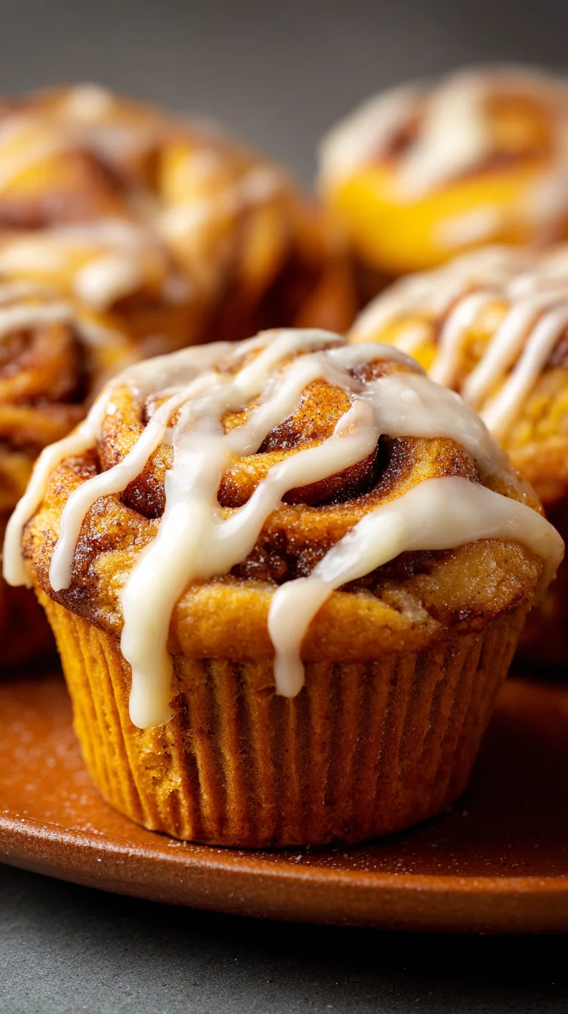 Close-up of a swirl-filled pumpkin cinnamon roll muffin.