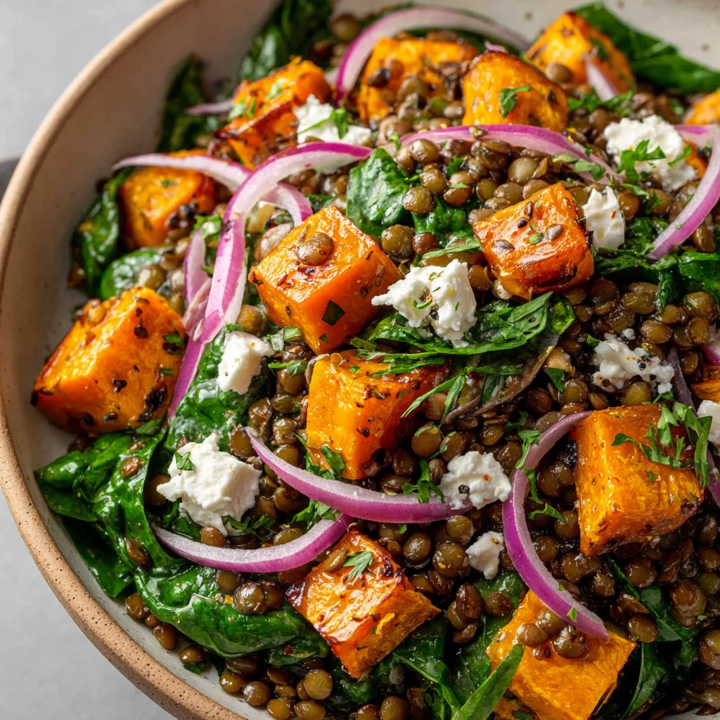 Warm lentil salad with roasted pumpkin.