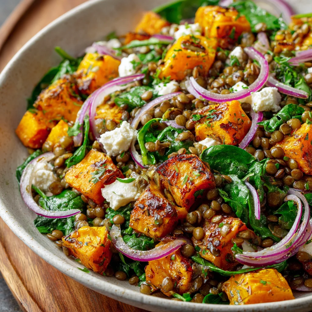 Pumpkin and lentil salad, autumn food.