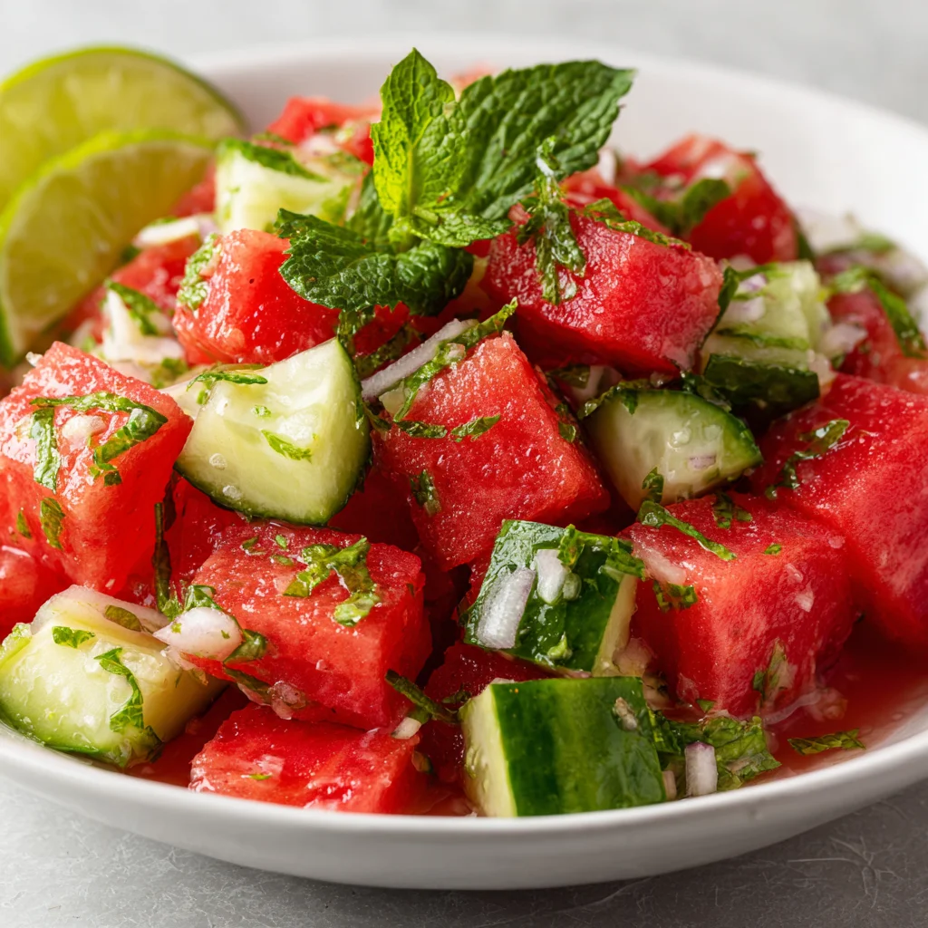 Refreshing watermelon, cucumber, and mint salad.