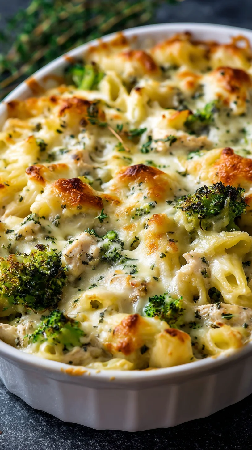 Chicken broccoli alfredo bake, golden and bubbly.