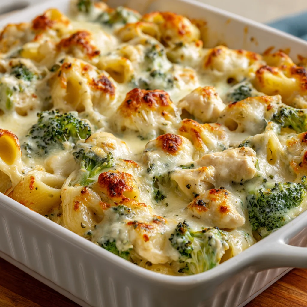 Baked alfredo dish with chicken and broccoli. Baked alfredo dish with chicken and broccoli.