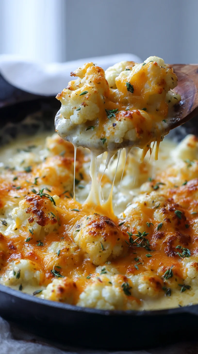 Cheesy cauliflower gratin in a skillet.