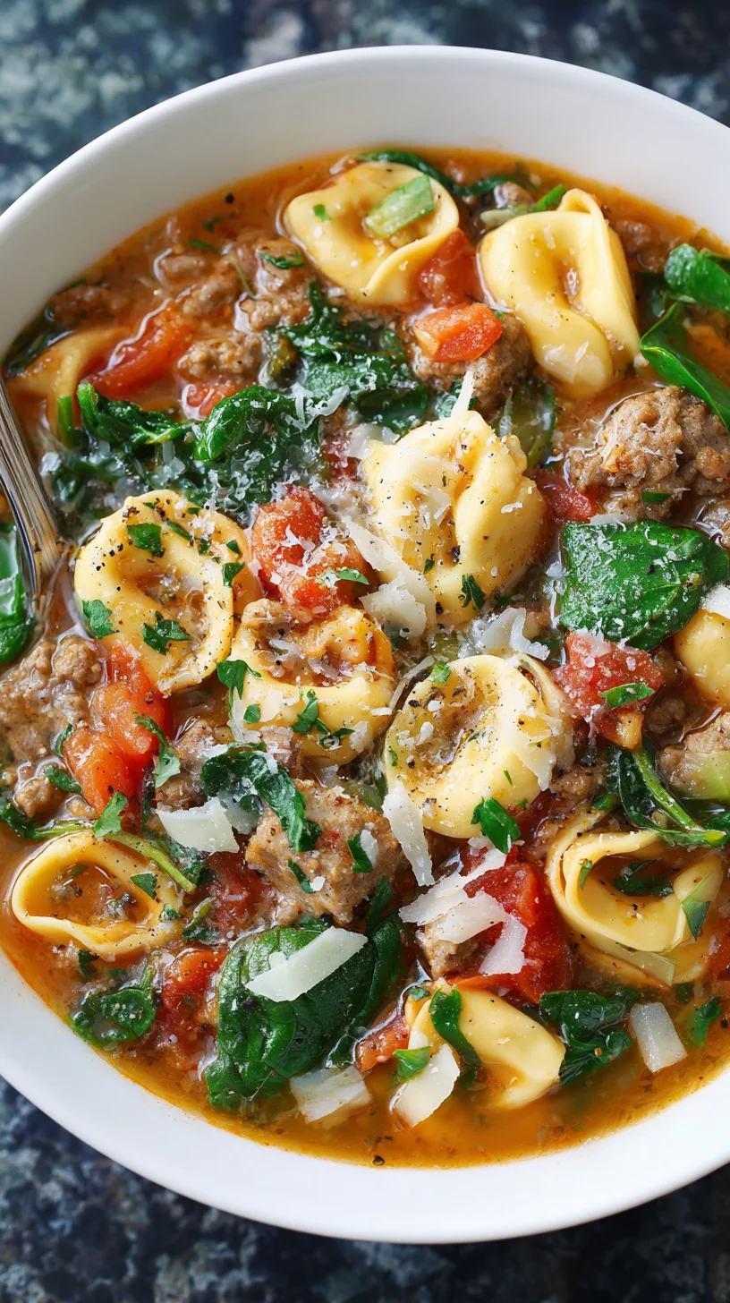 Tortellini soup with sausage in a bowl. Tortellini soup with sausage in a bowl.