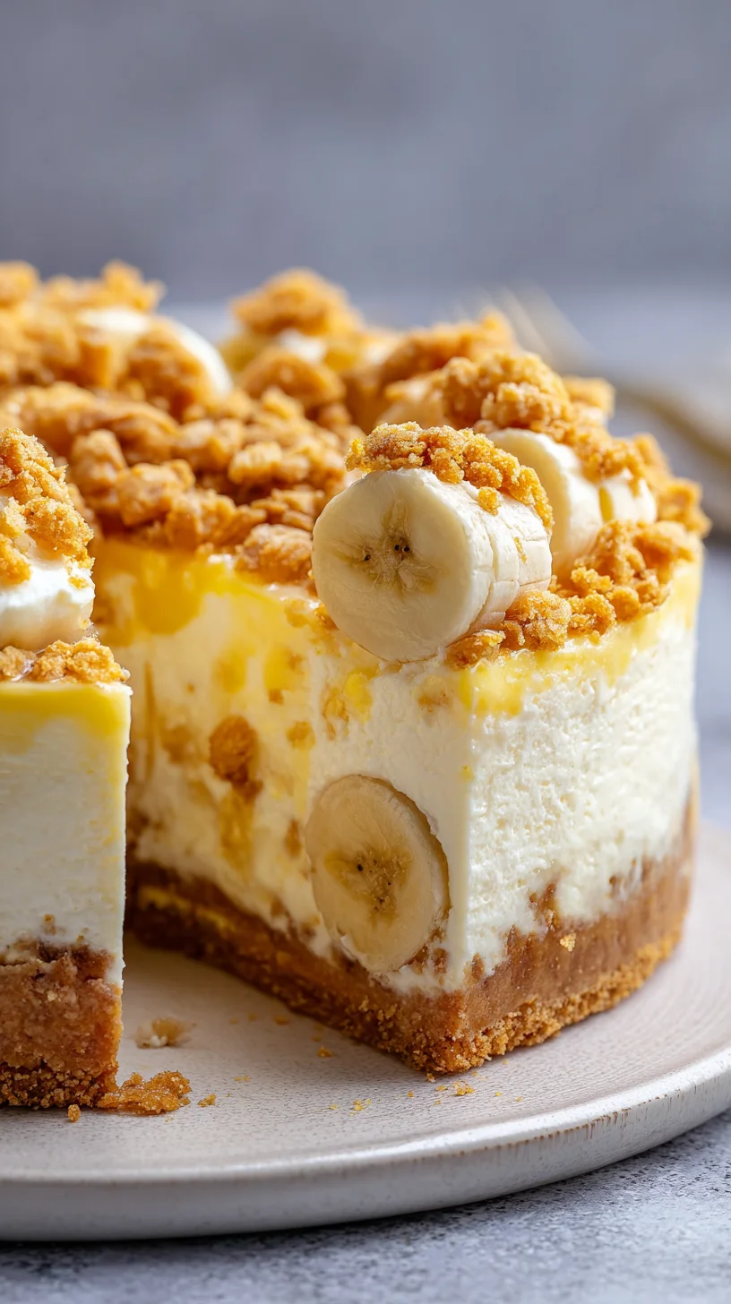 Banana pudding cheesecake slice with a crunchy topping.