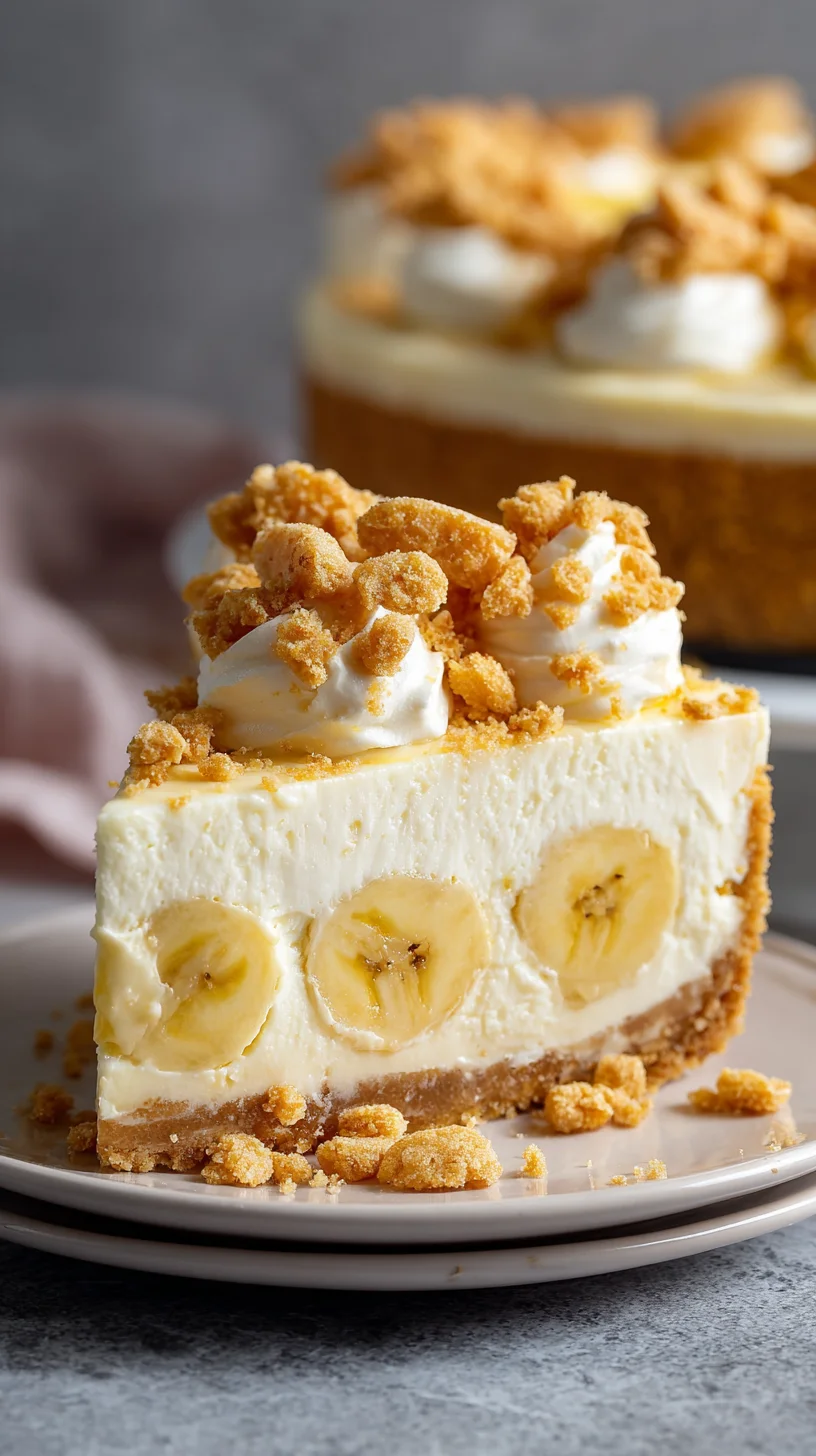 Overhead view of a layered banana pudding crunch cheesecake. Overhead view of a layered banana pudding crunch cheesecake.