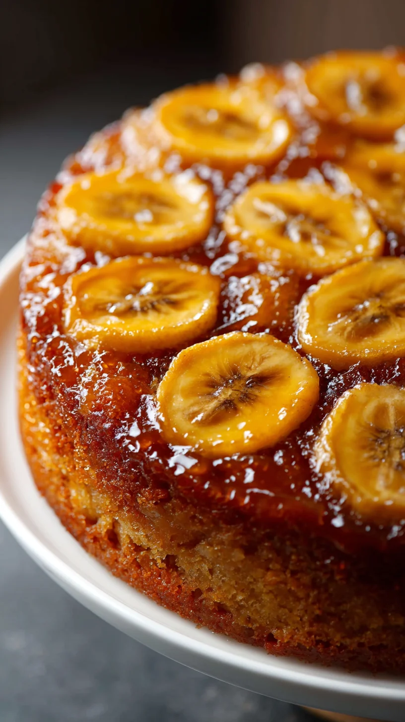 Golden banana slices caramelized in brown sugar atop a fluffy cake.