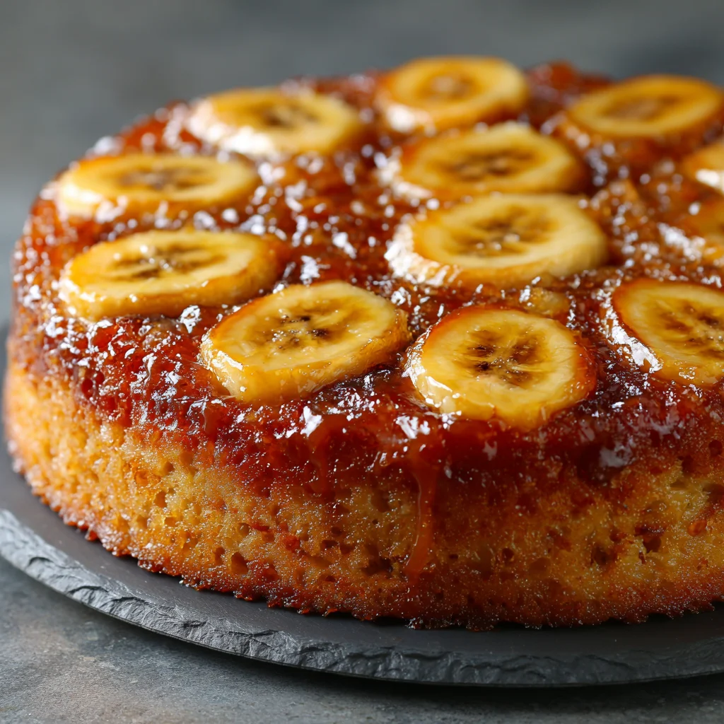 Homemade banana upside-down cake, ready to serve.