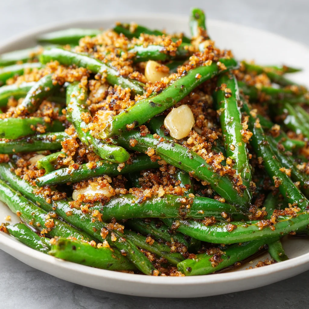 Close-up of vibrant green beans coated in a nutty, browned butter sauce. Close-up of vibrant green beans coated in a nutty, browned butter sauce.