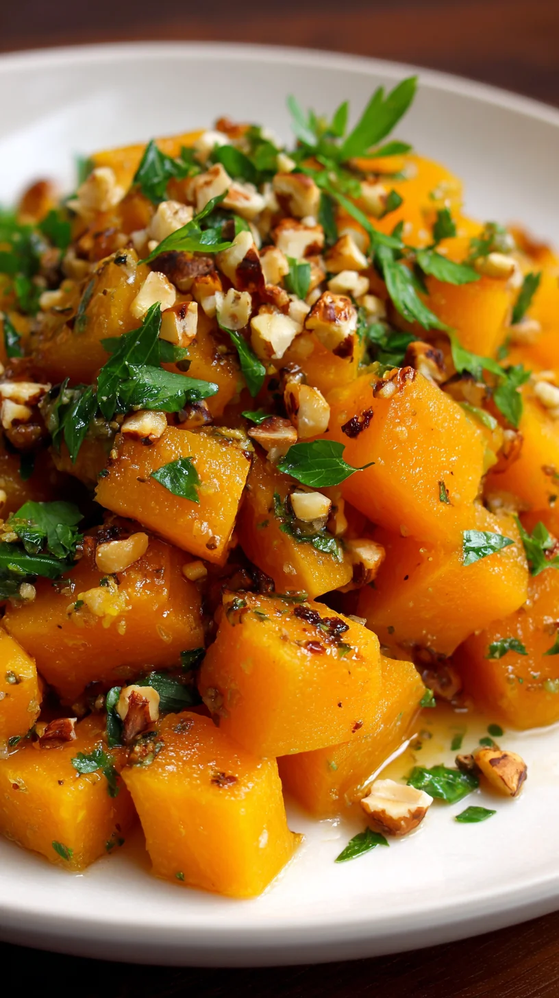 Roasted butternut squash dish with brown butter hazelnut topping. Roasted butternut squash dish with brown butter hazelnut topping.