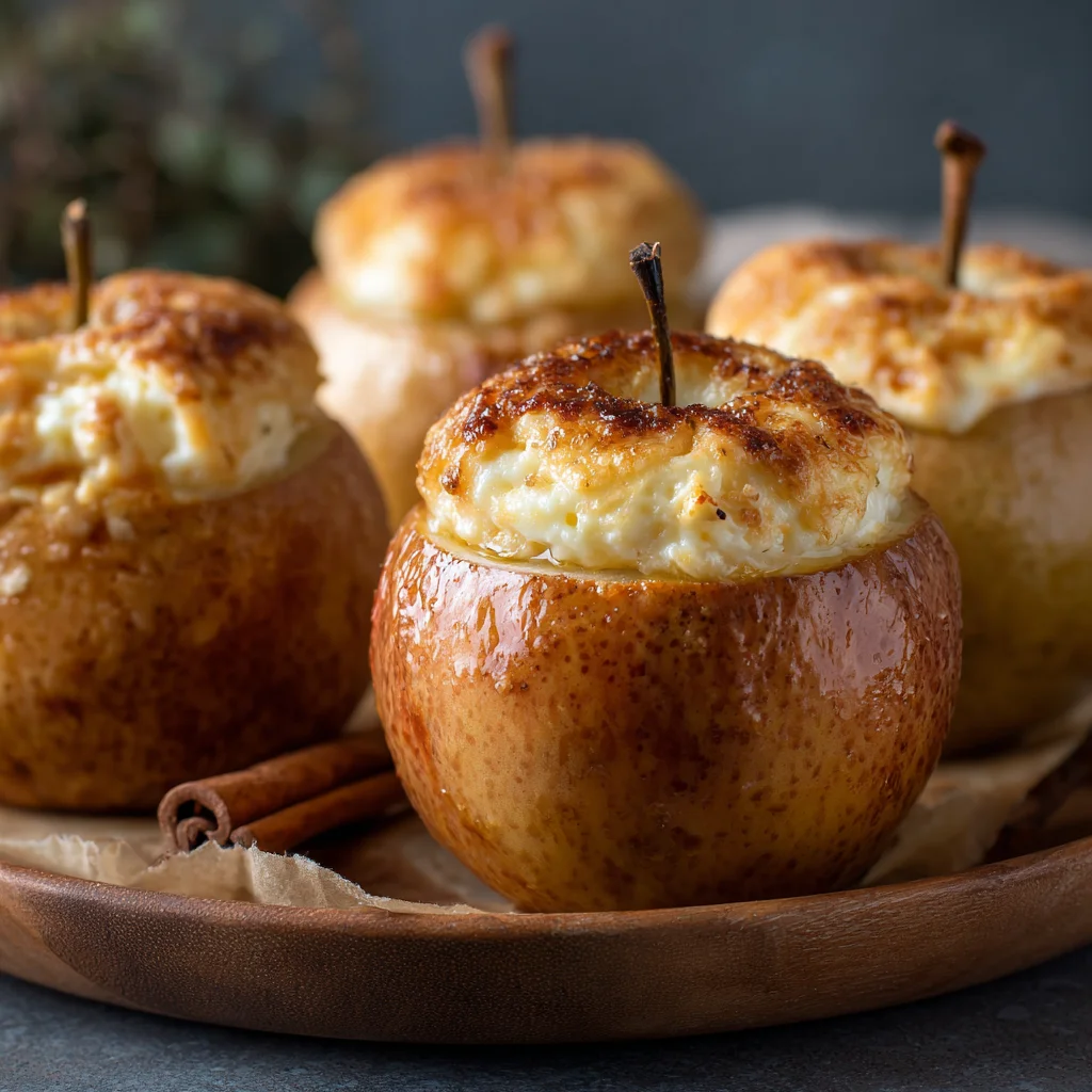 Warm apple filled with creamy cheesecake. Warm apple filled with creamy cheesecake.