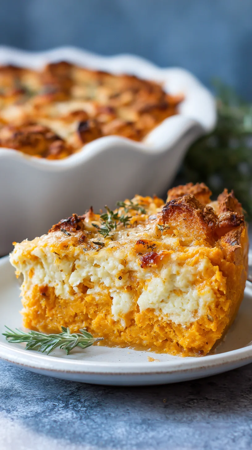 Cheesy butternut squash casserole, golden brown and bubbly.