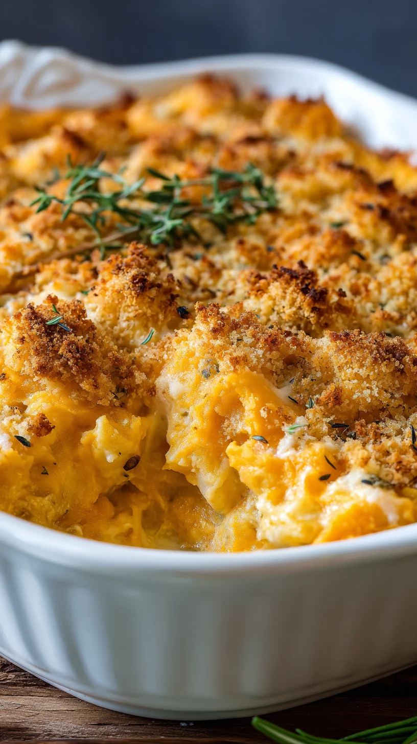 Butternut squash casserole topped with melted cheese. Butternut squash casserole topped with melted cheese.