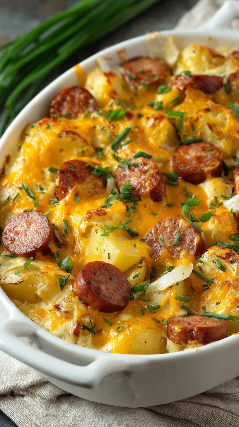 Cheesy ranch potatoes and smoked sausage skillet meal.