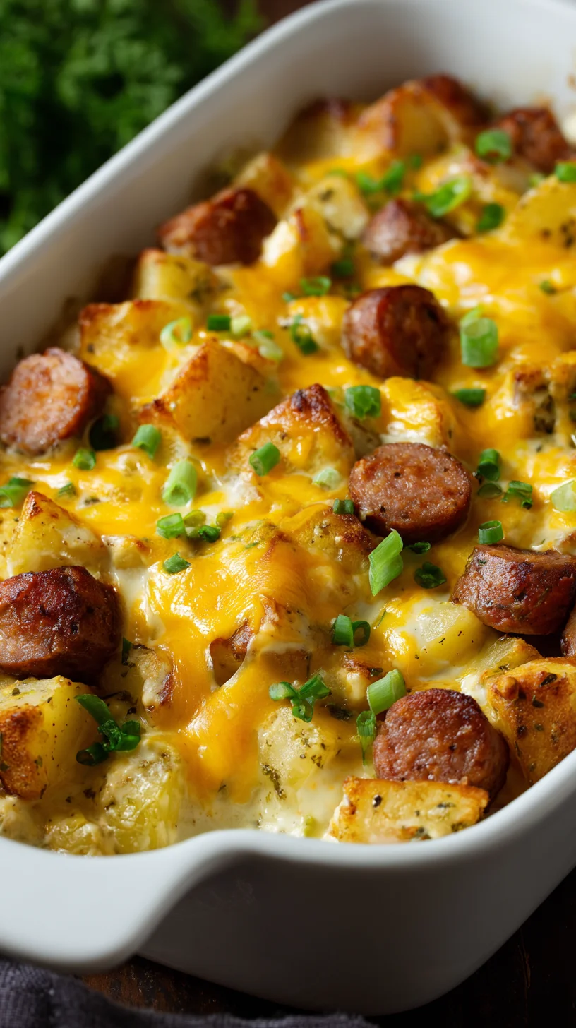 Cheesy ranch potatoes with smoked sausage. Cheesy ranch potatoes with smoked sausage.