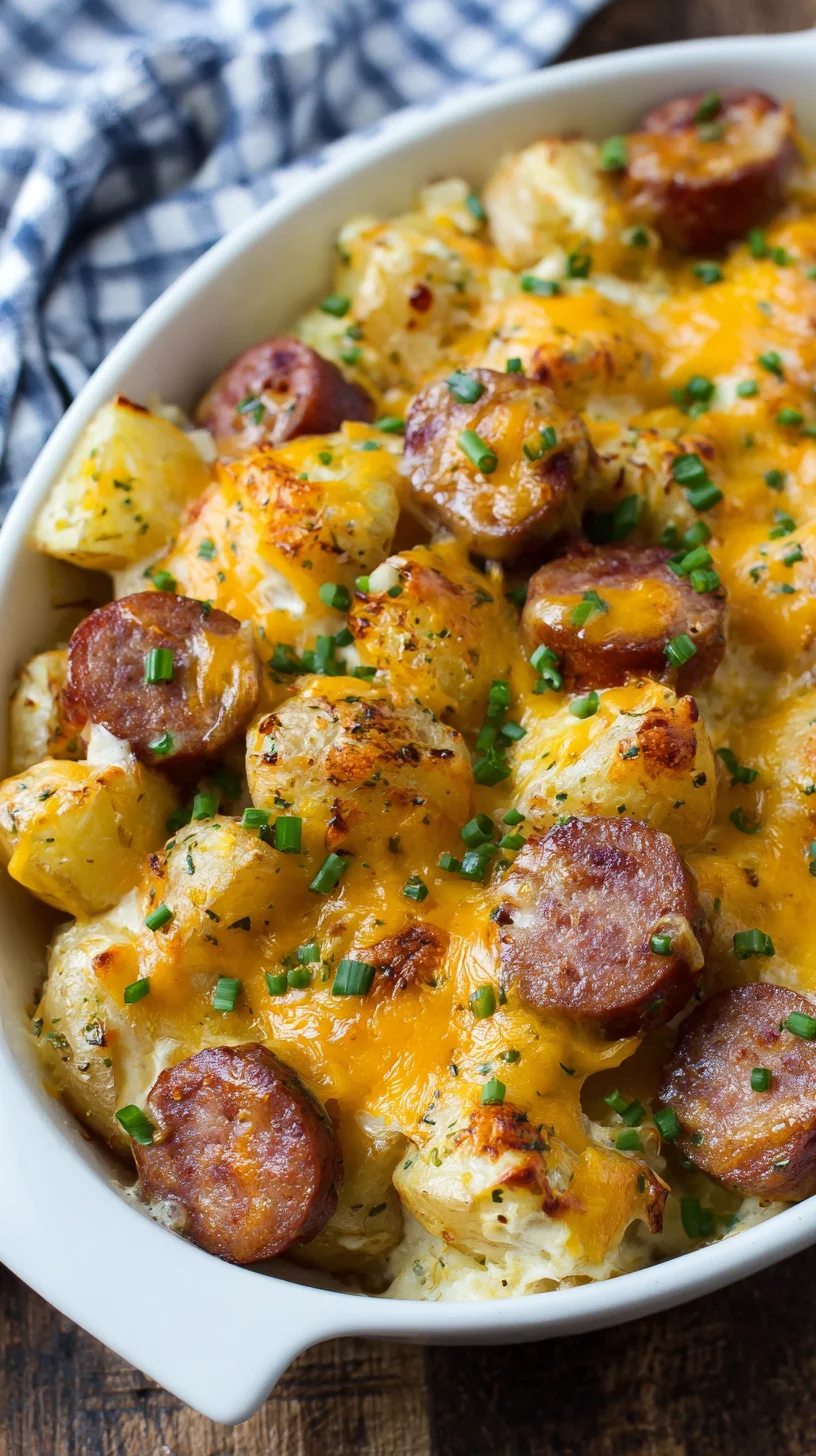 Creamy potatoes and sausage with melted cheese. Creamy potatoes and sausage with melted cheese.