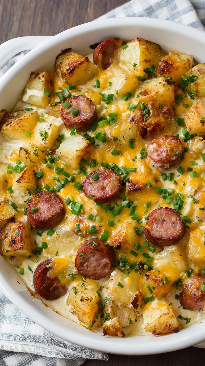 Creamy potato bake with sausage slices. Creamy potato bake with sausage slices.