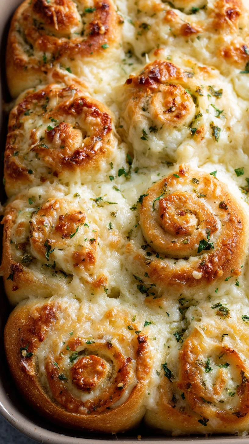 Close-up of warm, gooey cheese-topped garlic rolls. Close-up of warm, gooey cheese-topped garlic rolls.