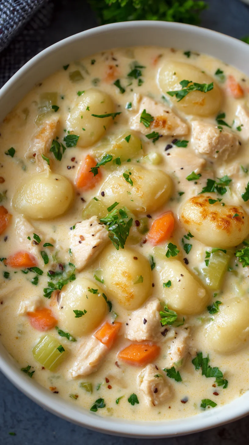 Creamy chicken gnocchi soup with melted cheddar. Creamy chicken gnocchi soup with melted cheddar.