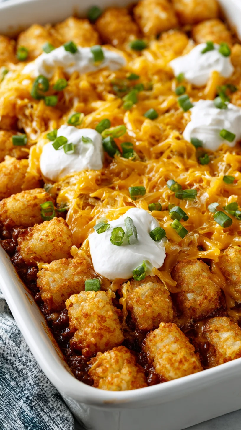 Chili cheese tater tot casserole, ready to serve. Chili cheese tater tot casserole, ready to serve.