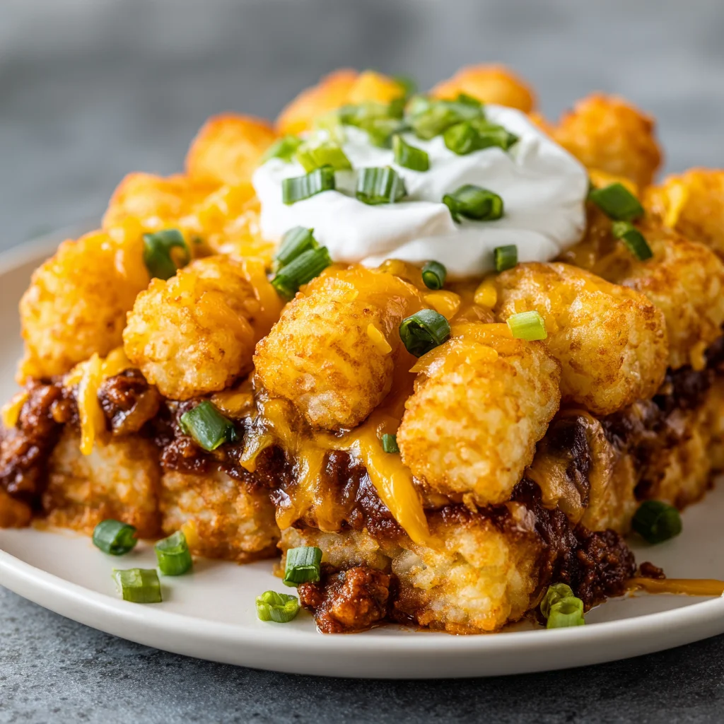 Close-up of melted cheese and chili on tater tots. Close-up of melted cheese and chili on tater tots.