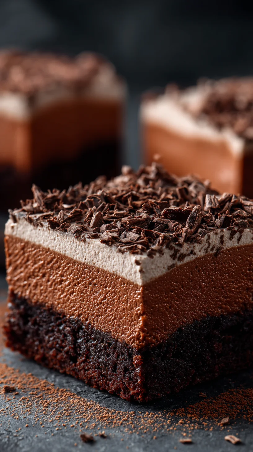 Fudgy brownies topped with light, airy chocolate mousse. Fudgy brownies topped with light, airy chocolate mousse.