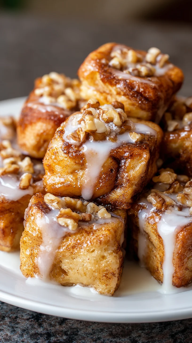 Golden brown cinnamon roll french toast bites. Golden brown cinnamon roll french toast bites.