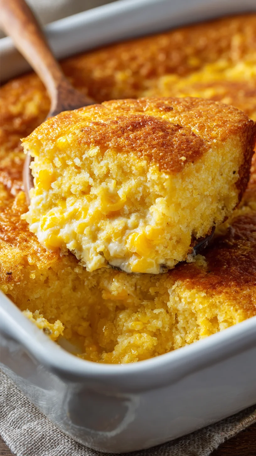 Creamy corn casserole in a baking dish.