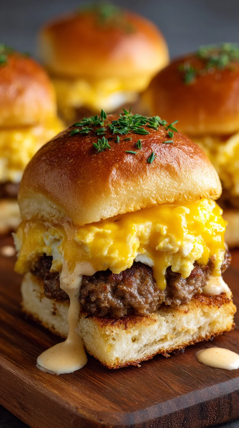 Crack Breakfast Sliders: Close-up of stacked sliders with dripping cheese. Crack Breakfast Sliders: Close-up of stacked sliders with dripping cheese.