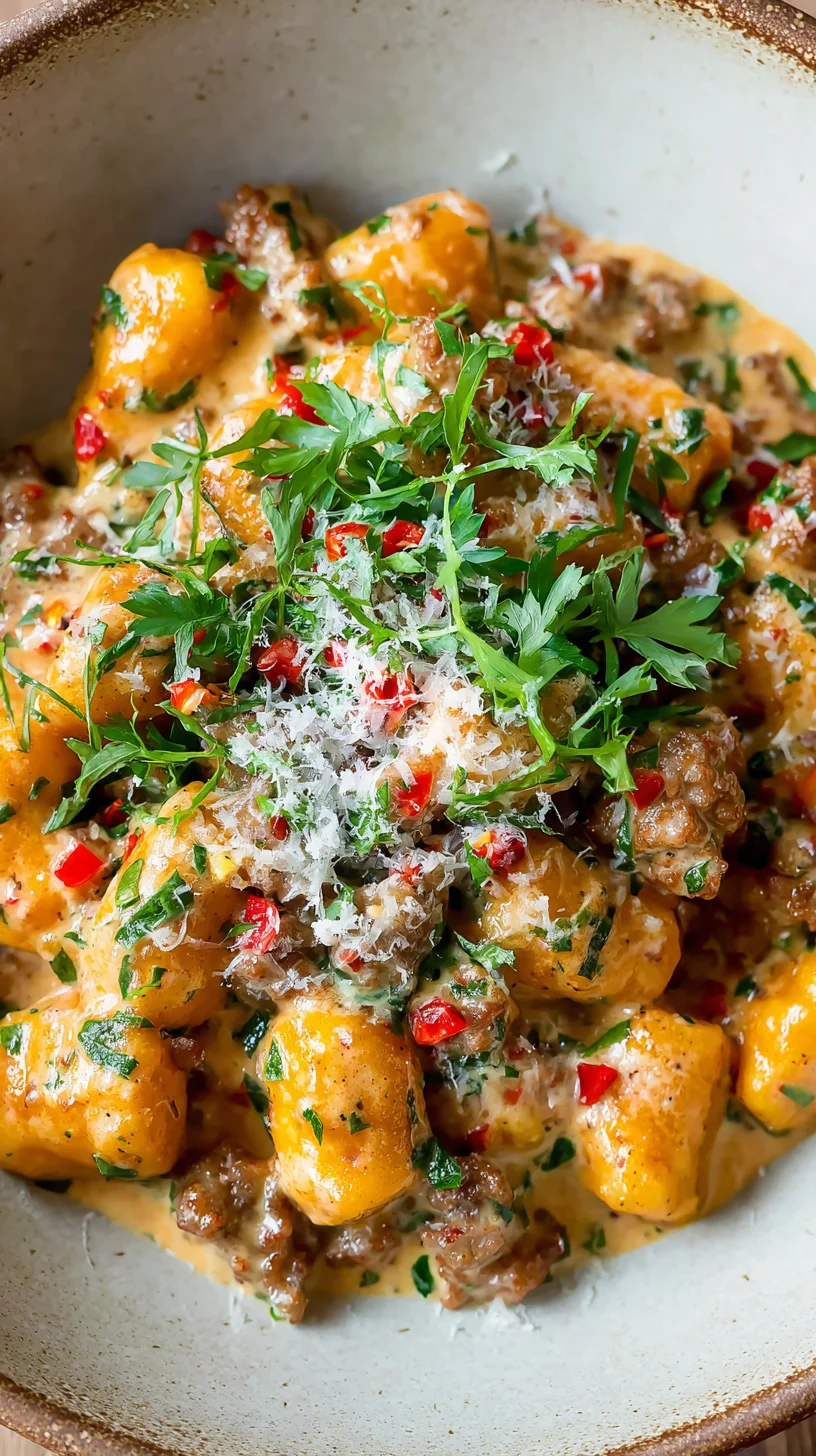 Creamy butternut squash gnocchi with sausage. Creamy butternut squash gnocchi with sausage.