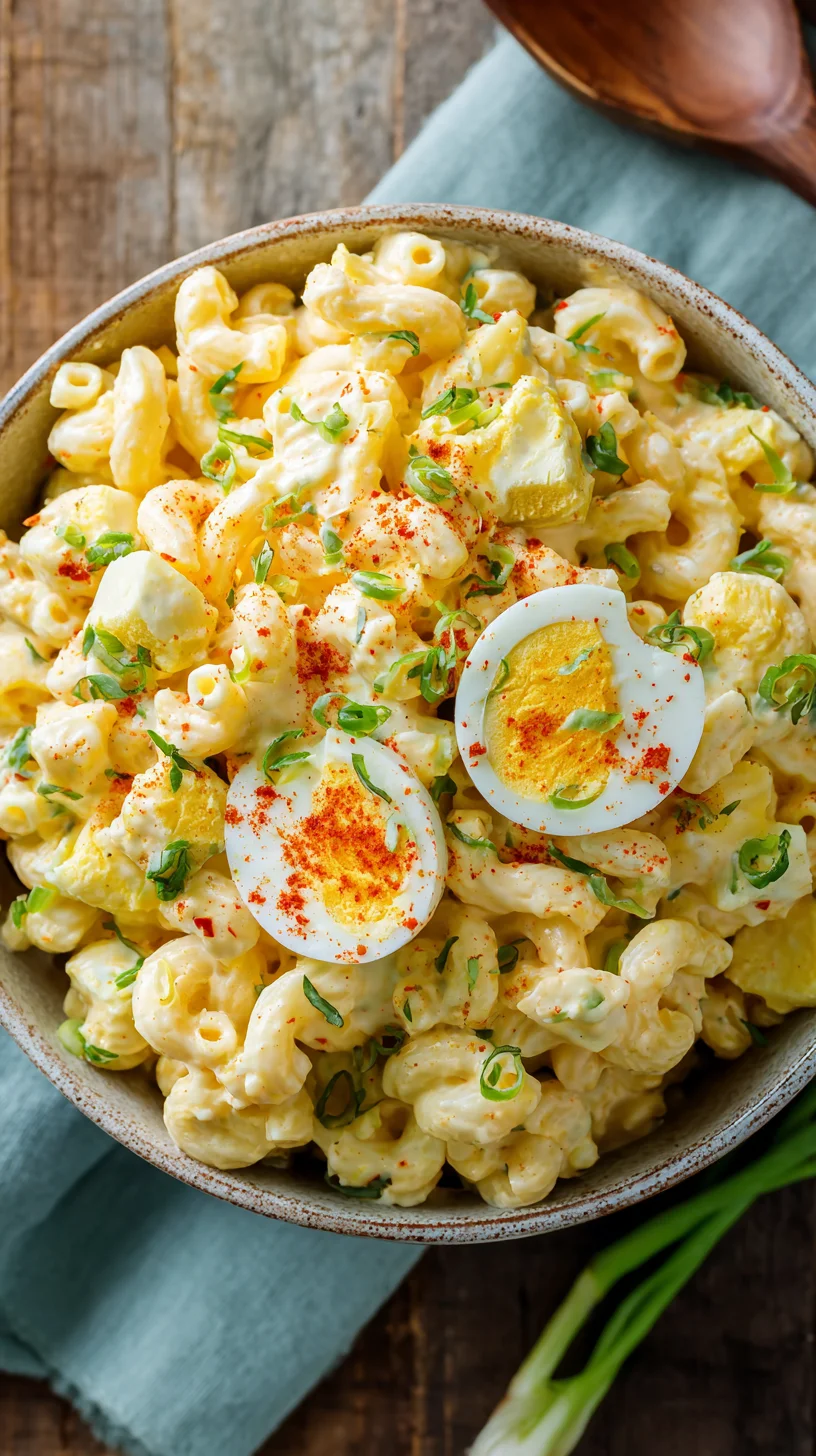 Deviled egg macaroni salad in a serving bowl. Deviled egg macaroni salad in a serving bowl.