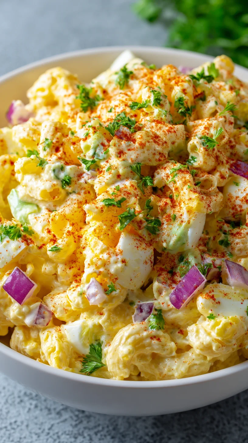 Creamy deviled egg macaroni salad close-up. Creamy deviled egg macaroni salad close-up.