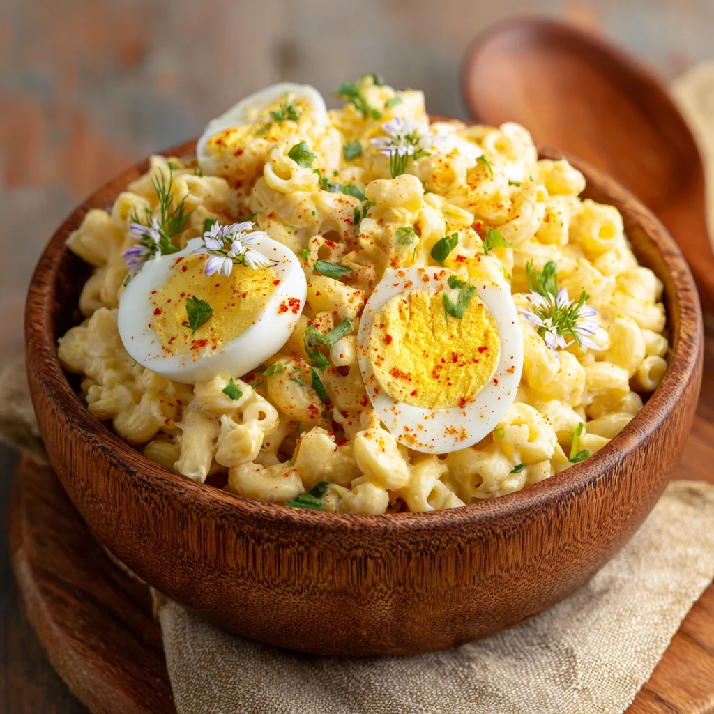 Close-up of creamy deviled egg macaroni salad. Close-up of creamy deviled egg macaroni salad.